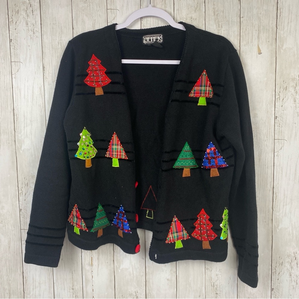 Berek Takako Sakon Sweater Womens Medium Christmas Black Cardigan Trees